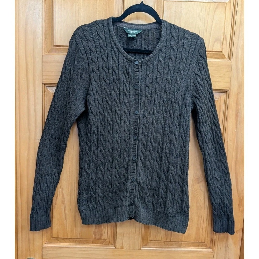 Eddie Bauer Women's Size Large Brown Cable Knit Button Down Front Sweater Top